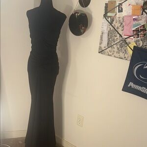 Black ruched two piece set with mermaid skirt and crop top